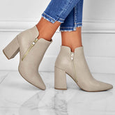 Chunky Heel Booties Pointed Toe Side Zip Ankle Boots